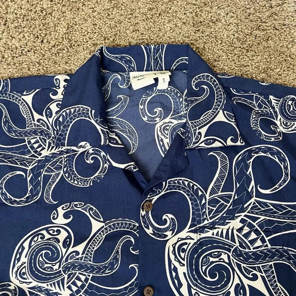 Makani Hawaii Shirt Mens Octopus Large Blue Tribal Microfiber Hawaiian Aloha - Picture 6 of 8